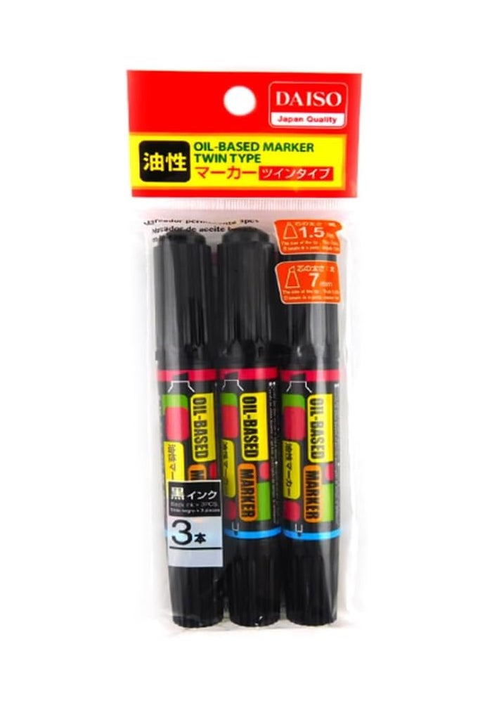 Daiso 3-Piece Oil-Based Twin Tip Marker Set - Black